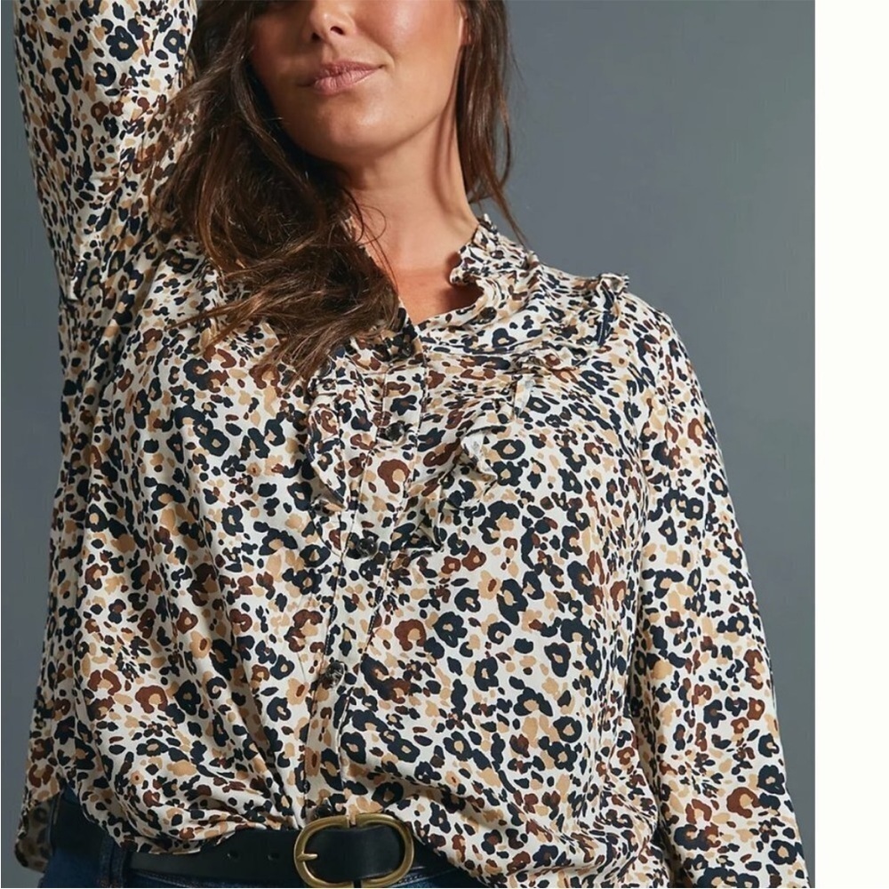 Anthropologie Maeve Katia Ruffled Buttondown Top Leopard Shirt Sz 0